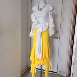 Eien Yellow Tired Ruffle Asymmetrical scarf skirt
